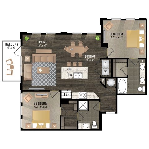 Floor plan for 2 beds, 2 baths, 1171 sqft
